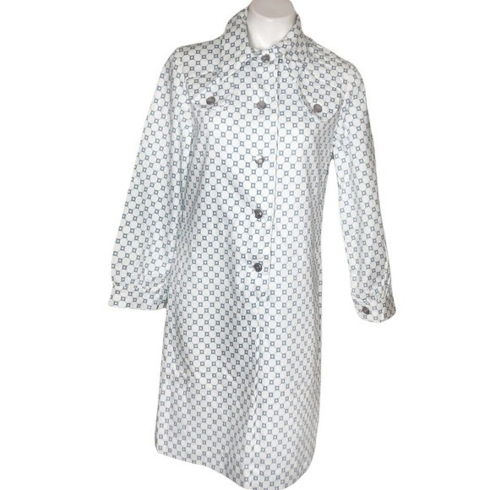 VINTAGE Blue White Cotton Shift Dress Long Sleeves 60’s - 70’s Vintage Size 14